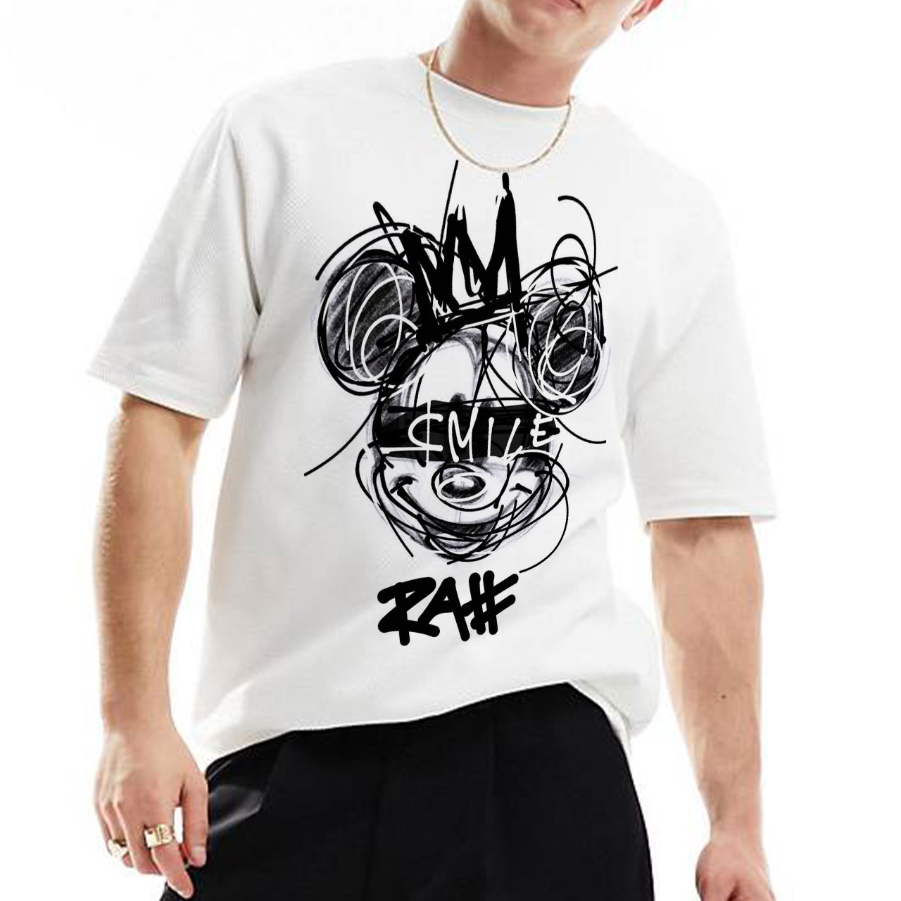 تیشرت نخی آستین کوتاه طرح اسمایل میکی موس